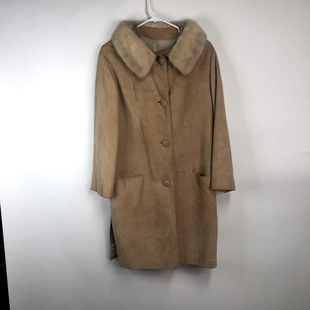 Vintage Suede tan knee length coat mink fur collar
